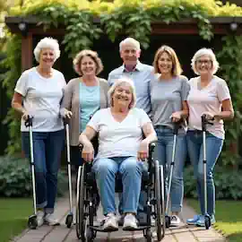 Un groupe de personnes pose pour une photo en extérieur, tous souriants, créant une ambiance joyeuse et inclusive. Une personne en fauteuil roulant témoigne de la diversité et de l’unité au sein du groupe. Le décor, avec ses arbres et ses vêtements variés, ajoute une touche de convivialité à la scène. À la Pharmacie de Santec, nous soutenons l’inclusion en proposant des solutions adaptées pour les personnes à mobilité réduite. Nous accompagnons les familles et les amis pour créer des moments de bonheur et de connexion, en favorisant le bien-être de chacun.