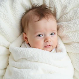 L'image montre un bébé allongé sur une couverture blanche. L'enfant semble être un garçon, avec son adorable visage et ses traits typiques d'un tout-petit ou d'un nouveau-né. Il porte une couche et est installé à l'intérieur, contre le tissu doux de la couverture.
