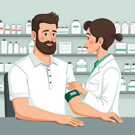 Un homme et une femme sont représentés dans une pharmacie de Santec. Ils interagissent ou discutent, probablement il prend sa tension artérielle. L'image présente un style cartoon avec des traits animés, mettant en valeur les visages et les vêtements des personnages.
