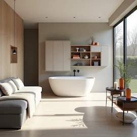 L'image présente une salle de bain moderne et luxueuse, conçue pour le repos et la détente. L'image montre une vaste salle de bain baignée de lumière naturelle. Au centre, une grande baignoire ovale blanche, moderne et minimaliste, trône sur un léger podium en bois clair. Devant la baignoire, un banc bas et large est recouvert de coussins de différentes textures et couleurs, créant un espace confortable et invitant à la relaxation. Sur les côtés du banc, des couvertures moelleuses en fourrure suggèrent encore plus de confort. Derrière le banc, une unité murale en bois et verre clair pastel, sert d'espace de rangement et de lavabo double. Des étagères ouvertes exposent des objets décoratifs, des serviettes soigneusement pliées et des plantes séchées. L'ensemble du meuble est élégant et fonctionnel. À droite de la scène, une large baie vitrée laisse entrer la lumière du soleil, offrant une vue sur un jardin verdoyant. Deux petites tables rondes avec des plateaux en verre noir supportent des vases colorés et des objets décoratifs, ajoutant une touche de gaieté à l'ambiance apaisante. Des lampes suspendues noires élégantes complètent l'éclairage. L'atmosphère générale est celle du calme et du luxe. Les matériaux utilisés – le bois clair, le verre, la céramique blanche et les textiles doux – contribuent à une sensation de sérénité et de sophistication. Les couleurs sont neutres et apaisantes, à l'exception des quelques touches de couleurs vives sur les objets décoratifs, qui ajoutent une touche de personnalité sans perturber l'harmonie générale. Le style général est moderne et minimaliste, mais avec une attention particulière aux détails et au confort.