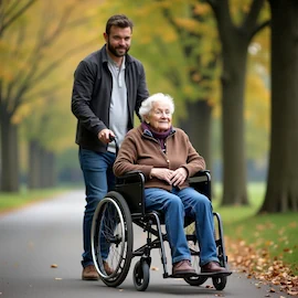 Un homme est dehors, poussant une femme âgée en fauteuil roulant, dans un environnement extérieur paisible entouré d’arbres. La scène évoque un moment de partage et de bienveillance, où l’homme, vêtu de manière décontractée, accompagne la dame avec soin. Le fauteuil roulant, doté de pneus robustes adaptés aux terrains variés, facilite cette promenade en plein air.
À la **Pharmacie de Santec**, nous comprenons l’importance de soutenir les personnes à mobilité réduite et leurs aidants. Nous proposons une gamme de produits et de conseils pour améliorer le confort et l’autonomie des personnes âgées, tout en accompagnant leurs proches dans cette démarche. Cette scène illustre parfaitement les valeurs de solidarité et de bien-être que nous défendons au quotidien.
Que ce soit pour des équipements adaptés ou des conseils personnalisés, la **Pharmacie de Santec** est là pour vous accompagner, afin que chaque moment partagé soit aussi agréable et sécurisé que possible.